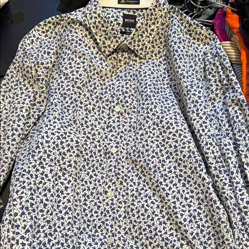 Boss Men's Floral Blue and White Shirt Button Down